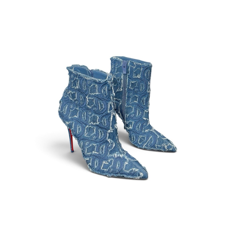 Christian Louboutin So Kate Booty Toile Denim Brodé 100 Monogram Ankle Boots 37
